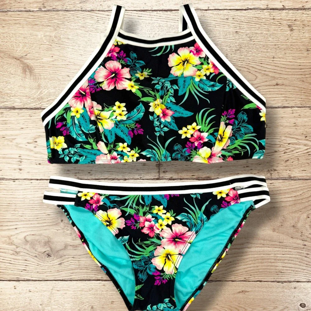 XHILARATION High Neck Halter Bikini Set Black Floral Tropical‎ Print Womens L